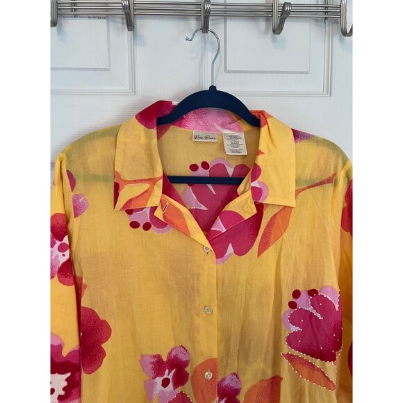 Bobbie Brooks Yellow And Red Floral Button Down Shirt Size Large - Picture 2 of 8